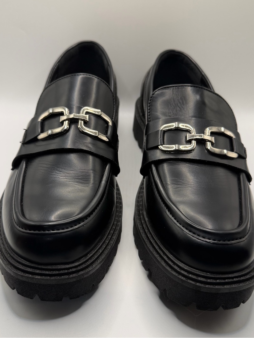 Women's Black Faux Leather Lug Sole Loafers with Silver Bit - Picture 3 of 9